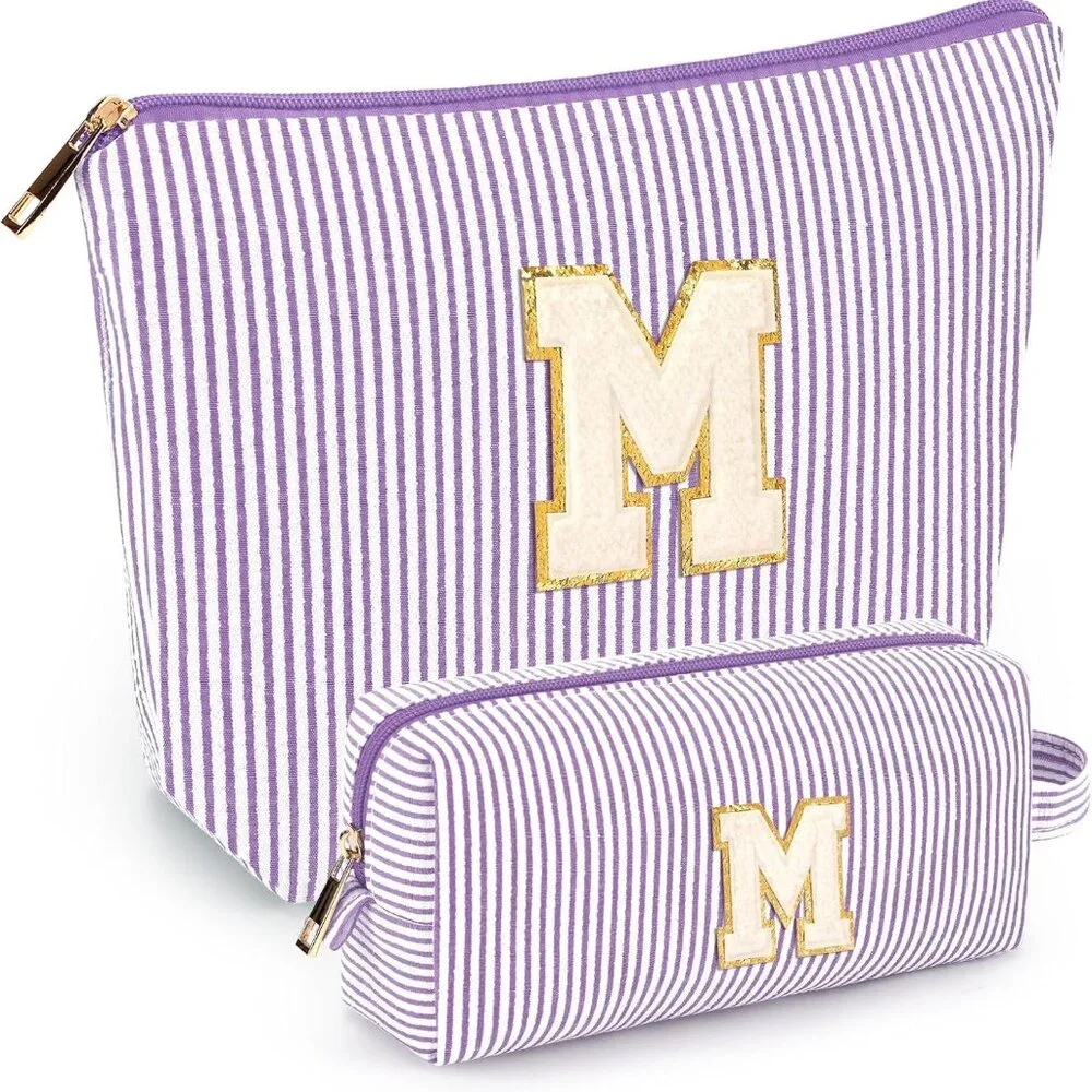 2 Letter M Makeup Bags Purple Stripe Great‎ Mothers Day Gift Idea !!